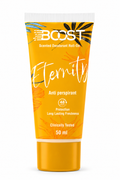 A 50 ml squeeze tube of BOST Eternity Scented Deodorant Roll-On, featuring a bright yellow-orange design with white text and tropical leaf illustrations, set against a plain white background.
