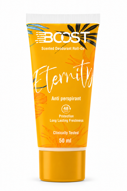 A 50 ml squeeze tube of BOST Eternity Scented Deodorant Roll-On, featuring a bright yellow-orange design with white text and tropical leaf illustrations, set against a plain white background.